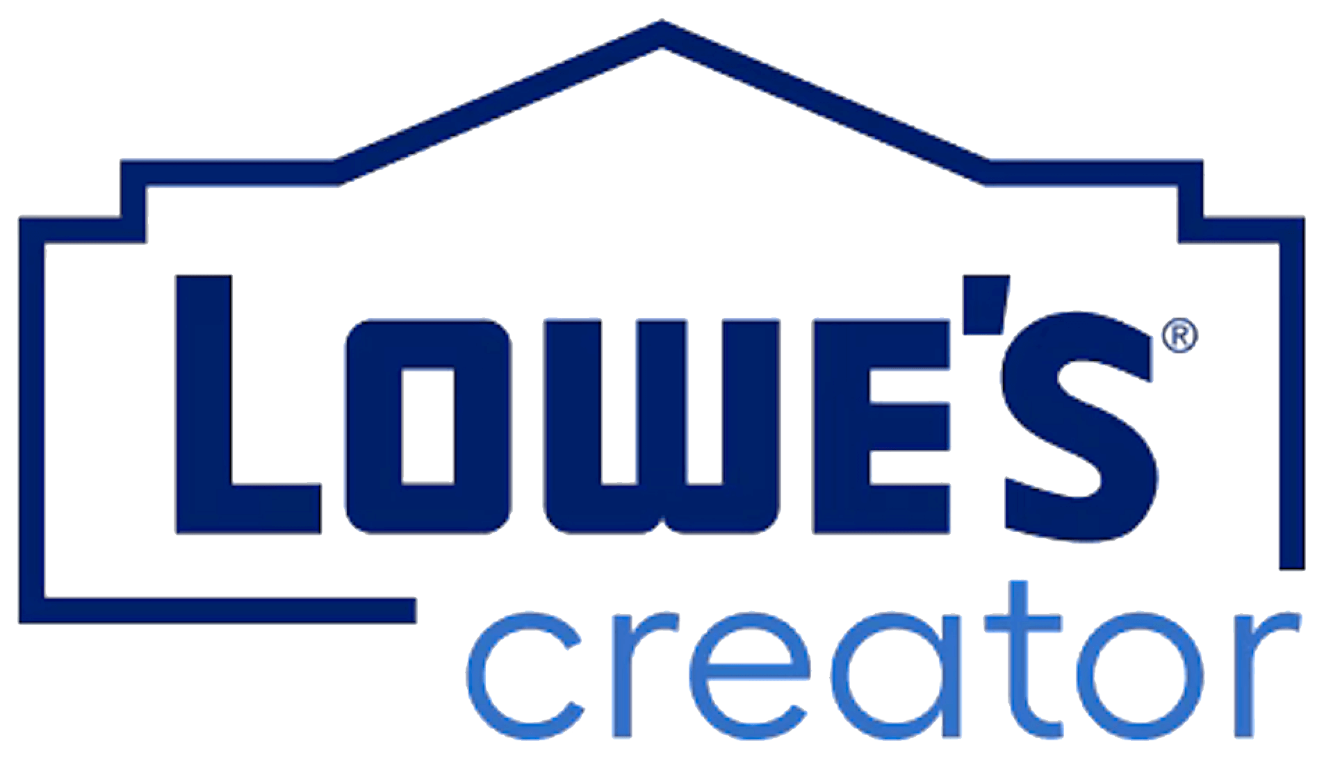 Logo for Lowe’s Creator, featuring the word "Lowe’s" in bold dark blue text with a house-shaped outline above it and the word "creator" in light blue lowercase letters below.