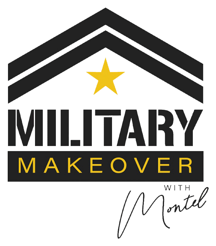 Logo for "Military Makeover with Montel" featuring a stylized black and yellow house roof, a yellow star, bold text, and Montel’s name in script at the bottom right.