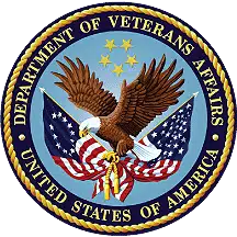The official seal of the U.S. Department of Veterans Affairs, featuring a bald eagle holding American flags and a golden laurel, surrounded by a blue border with gold text.