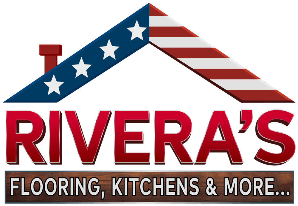 Riveras-Flooring-Logo-Transparent Logo for "RIVERA'S Flooring, Kitchens & More..." featuring a roof design with stars and stripes resembling the American flag above the text, and a chimney on the left.