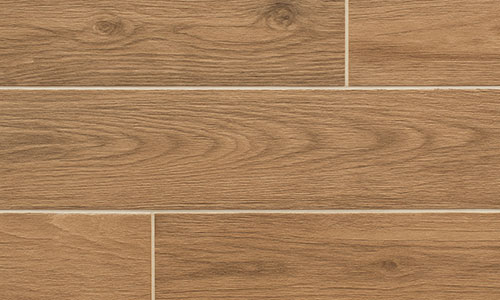Light brown wood-look floor tiles arranged in a staggered pattern. The tiles feature a natural wood grain texture and knots, resembling real hardwood planks.