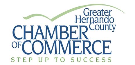 Logo for Greater Hernando County Chamber of Commerce. Blue and green text reads "Greater Hernando County Chamber of Commerce" with the slogan "Step Up to Success" underneath in green. A curved green line is at the top.