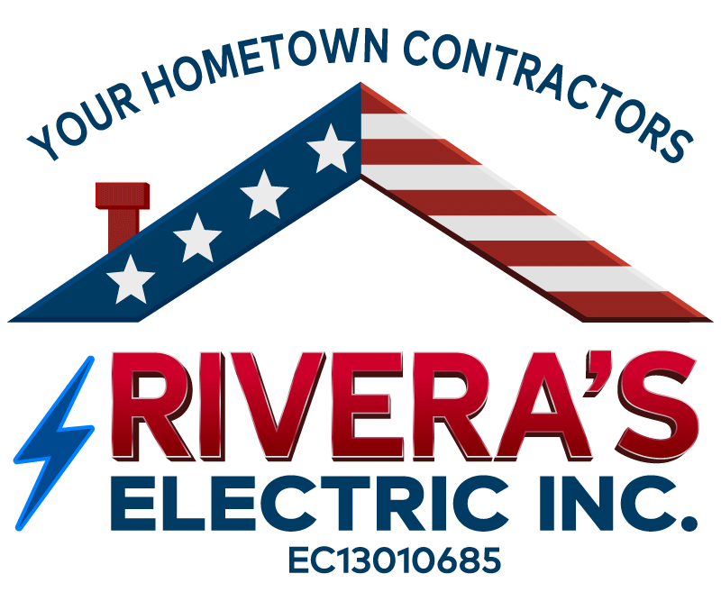 Logo for Rivera's Electric Inc. featuring a stylized roof with stars and stripes, a chimney, and a lightning bolt. The text reads "Your Hometown Contractors" and includes a license number EC13010685.
