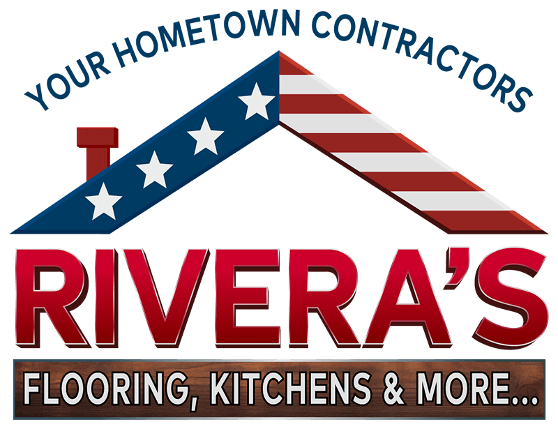 Logo for Rivera’s contractors. It features a stylized roof with stars and stripes, text reading “Your Hometown Contractors” above, and “RIVERA’S Flooring, Kitchens & More…” below.