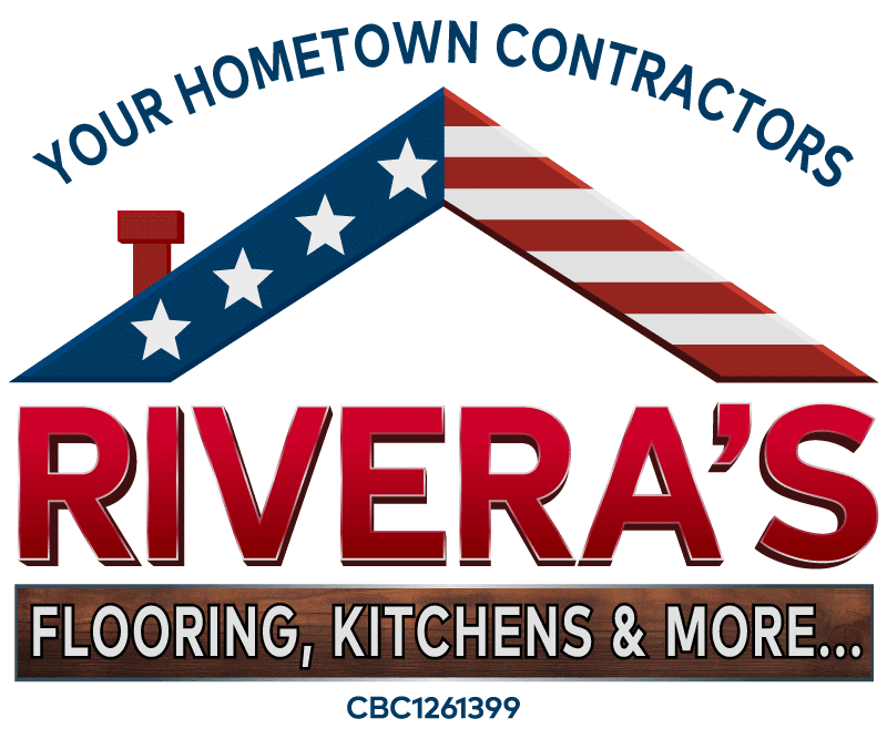 Logo for Rivera’s featuring a stylized roof with stars and stripes, the tagline “Your Hometown Contractors,” and text reading “Flooring, Kitchens & More…” with license number CBC1261399 below.