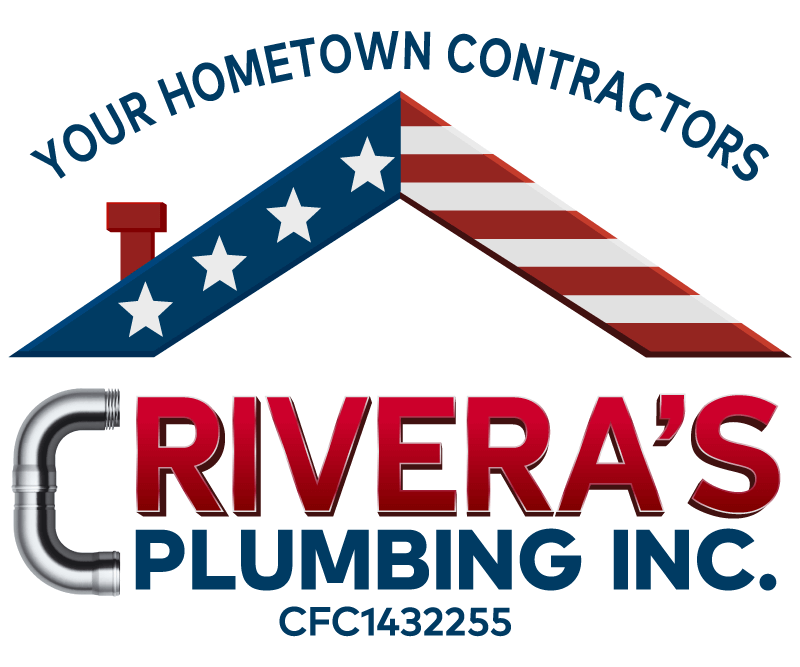 Logo for Rivera’s Plumbing Inc. features a rooftop with stars and stripes, a pipe forming the letter "C", the slogan "Your Hometown Contractors," and license number CFC1432255.
