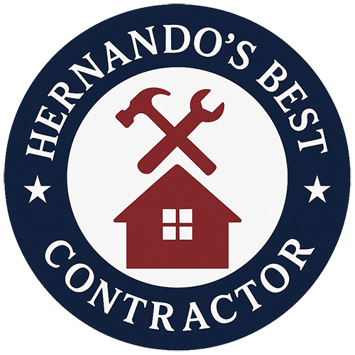 A circular blue logo with white text reading "Hernando's Best Contractor." In the center, there is a red house icon with a red hammer and wrench crossed above it. White stars are on either side of the circle.