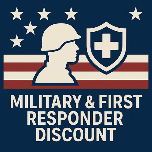 Image with stars, a soldier’s silhouette, a medical shield, and red-and-white stripes. Text below reads, “MILITARY & FIRST RESPONDER DISCOUNT.” The colors are red, white, and blue, evoking a patriotic theme.