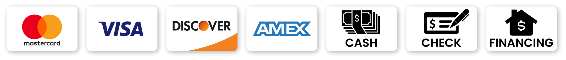 Icons showing accepted payment methods: Mastercard, Visa, Discover, American Express, cash, check, and financing options.