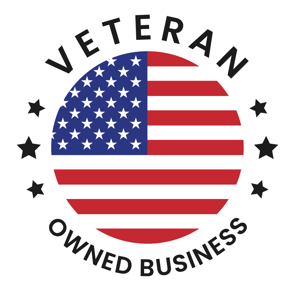 Circular logo featuring a stylized American flag in the center, surrounded by the text "Veteran Owned Business" and six black stars evenly spaced around the edge.