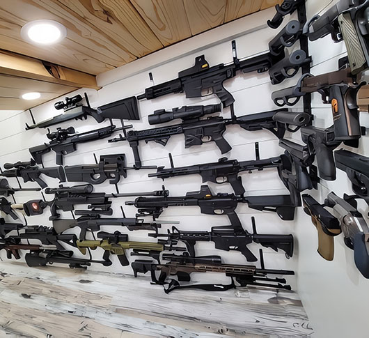 A collection of various rifles and firearms is mounted on a white, slatted wall display in a well-lit room with wood accents and a light-colored floor.