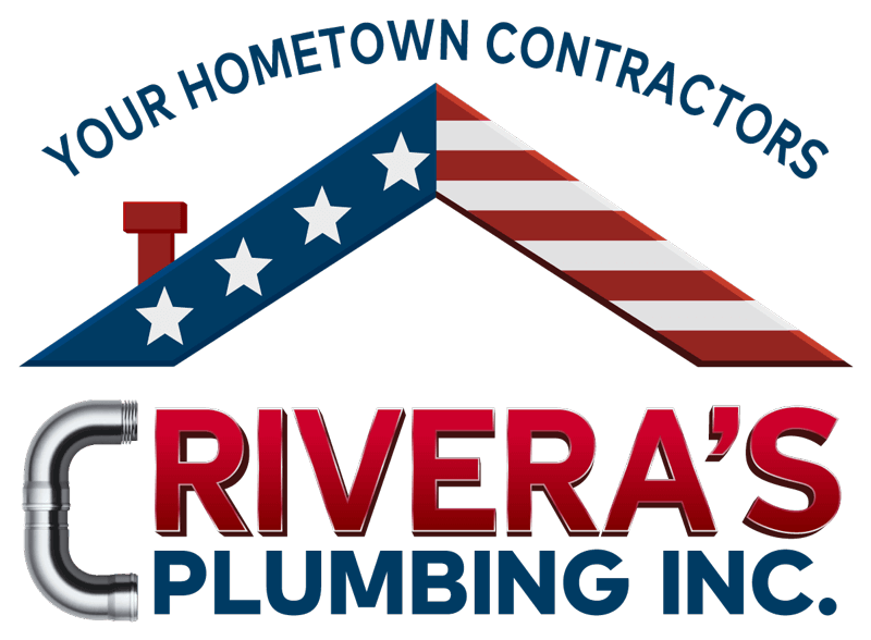 Logo for Rivera's Plumbing Inc. featuring a stylized roof with stars and stripes, a pipe forming the letter "R," and the slogan "Your Hometown Contractors" above the design.