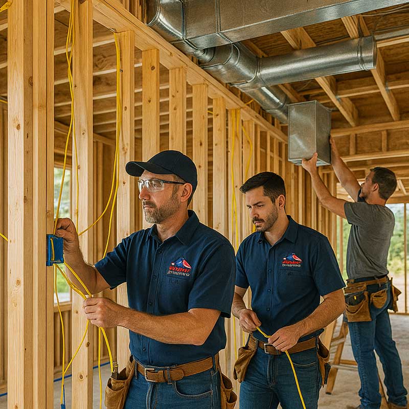 Three electricians in navy shirts and tool belts install yellow electrical wiring inside the wooden framing of a building under construction; exposed ducts are visible overhead.