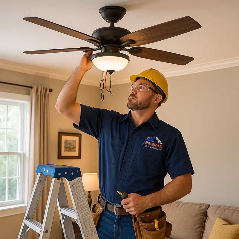 An electrician wearing a yellow hard hat and blue uniform stands on a ladder, installing or repairing a ceiling fan with a light in a living room. Tools and wires are visible in his belt and the fan.