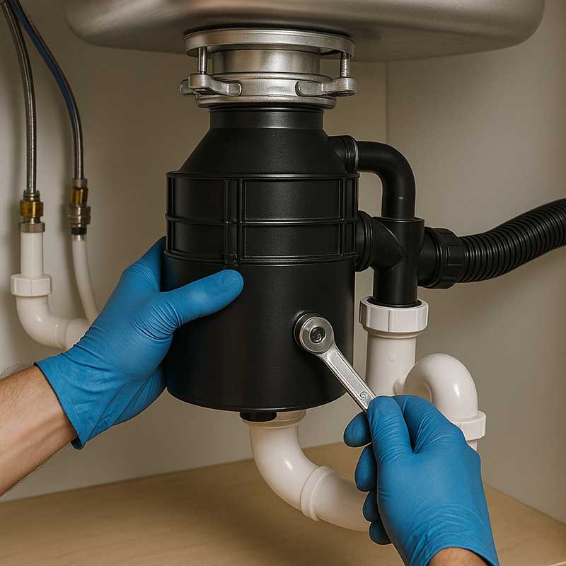 A person wearing blue gloves uses a wrench to tighten a bolt on a black garbage disposal unit under a kitchen sink, surrounded by white plumbing pipes.