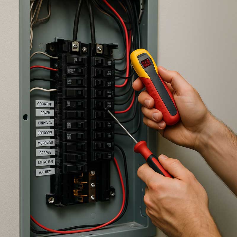 A person uses a screwdriver and a voltage tester on a circuit breaker panel with labeled switches for various rooms such as kitchen, garage, and dining room.