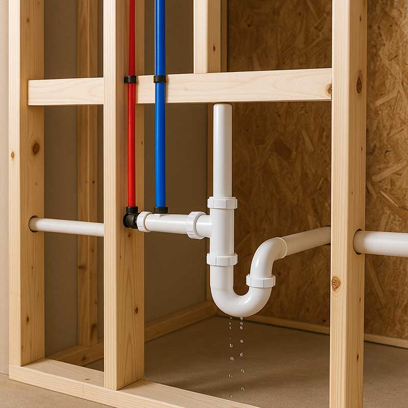 White plastic pipes are installed within a wooden wall frame, with blue and red supply lines above. A P-trap pipe is leaking water droplets onto the floor.