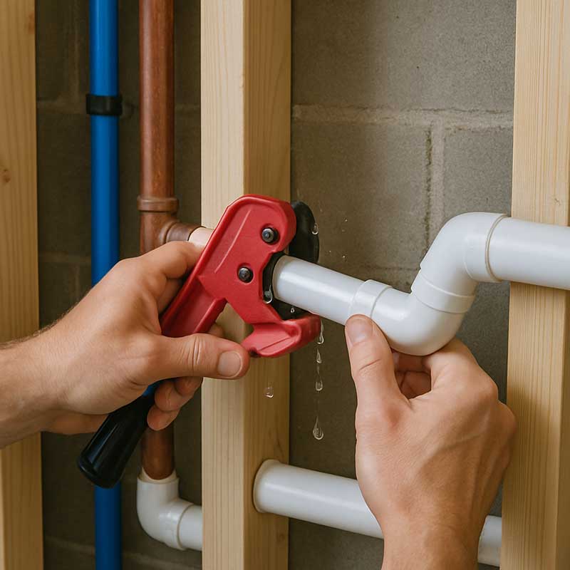 A person uses a red pipe cutter to cut a white plastic pipe while water drips from the pipe, with wooden studs and plumbing pipes visible in the background.