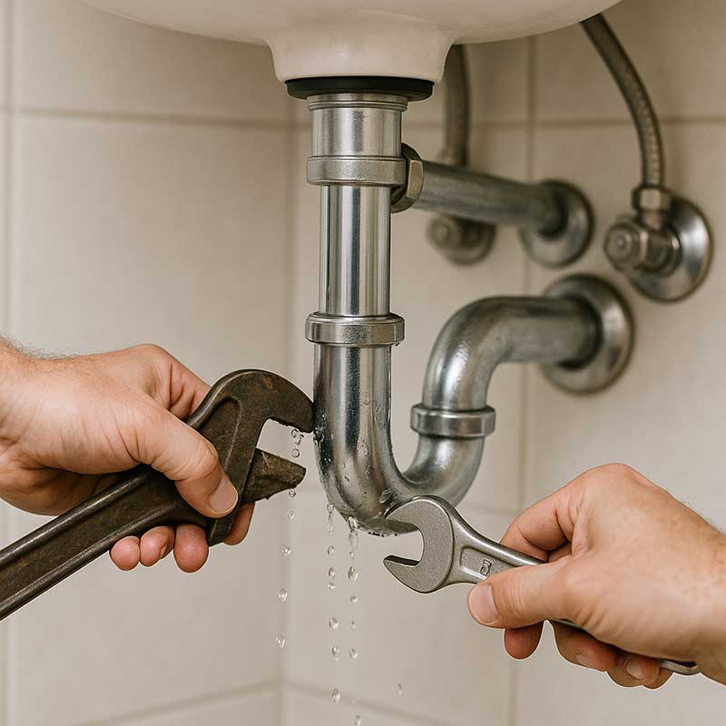 Two hands use wrenches to fix a leaking pipe under a sink, with water dripping from the joint into the curved section of the pipe.