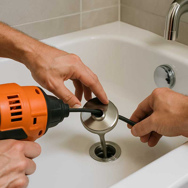 Two hands use a drain snake tool powered by an orange drill to unclog a bathtub drain, with the snake being fed into the metal drain opening. The white tub and chrome faucet are visible.