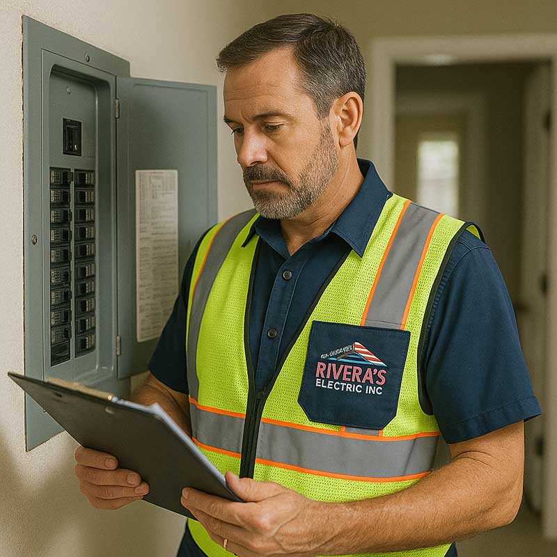 A man wearing a safety vest labeled "Rivera's Electric Inc" inspects an open electrical panel while holding a clipboard, standing indoors.