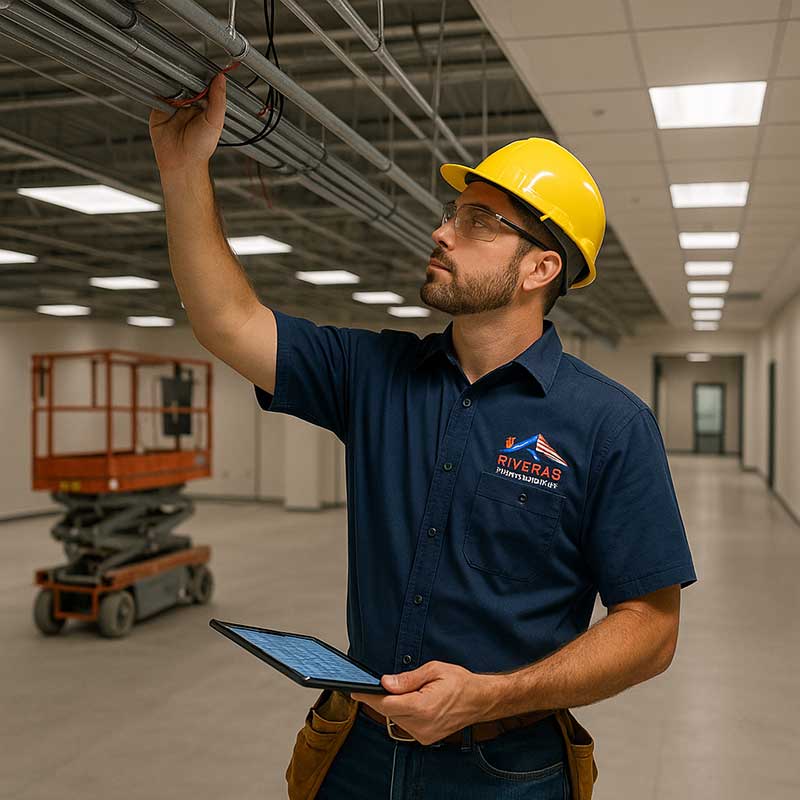 A male construction worker in a yellow hard hat and safety glasses inspects overhead pipes in a commercial building. He holds a tablet and wears a blue shirt with a "Riveras" logo. A scissor lift is visible in the background.