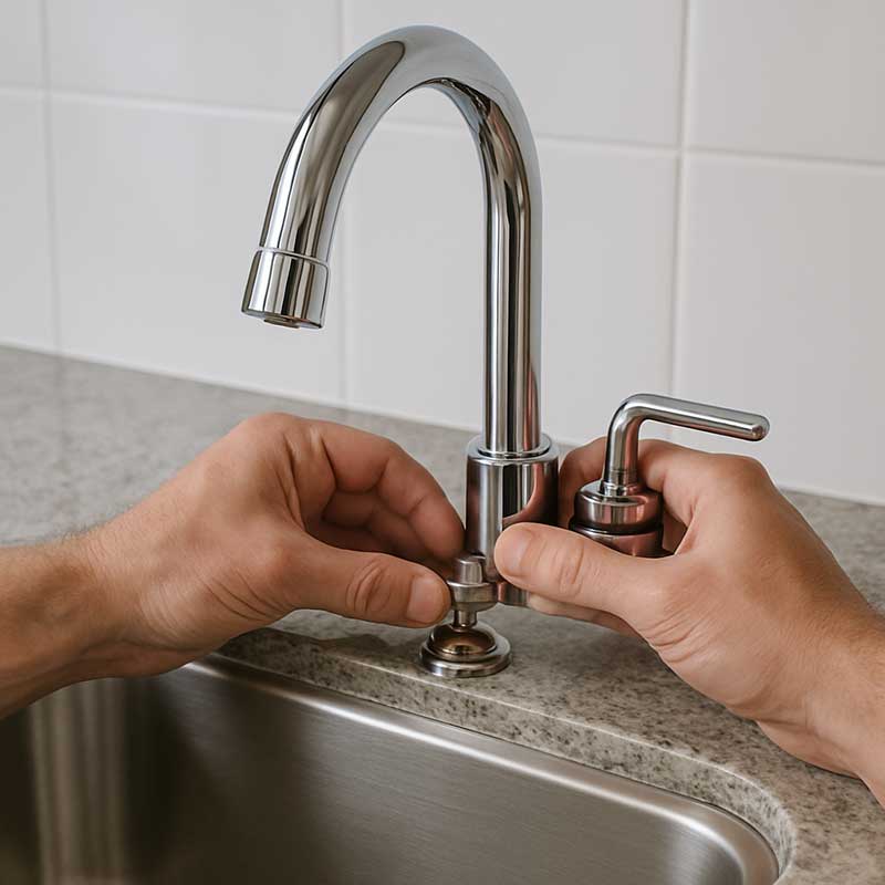 A person’s hands are installing or tightening a shiny chrome kitchen faucet on a gray countertop with a stainless steel sink and white tiled backsplash.