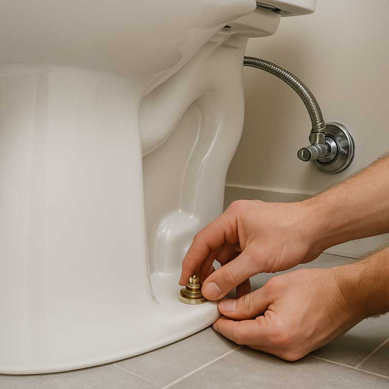 A person’s hands tightening a toilet bolt cap at the base of a white toilet, with a water supply line and shut-off valve visible in the background.