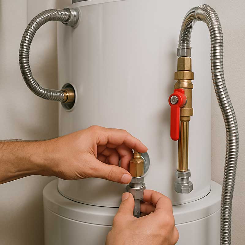 A person’s hands adjusting valves and pipes connected to a white water heater, with a red-handled shut-off valve visible on one of the metal flexible pipes.