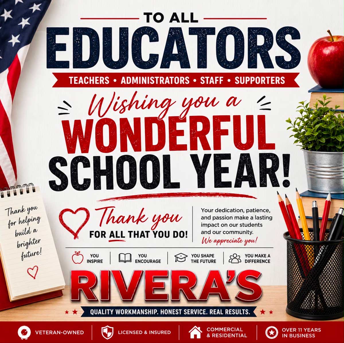 2026-Educators-Flyer Decorative graphic thanking educators and wishing them a wonderful school year, featuring red accents, appreciation messages, and a clipboard with a thank-you note. U.S. flag and pens are visible on the left.