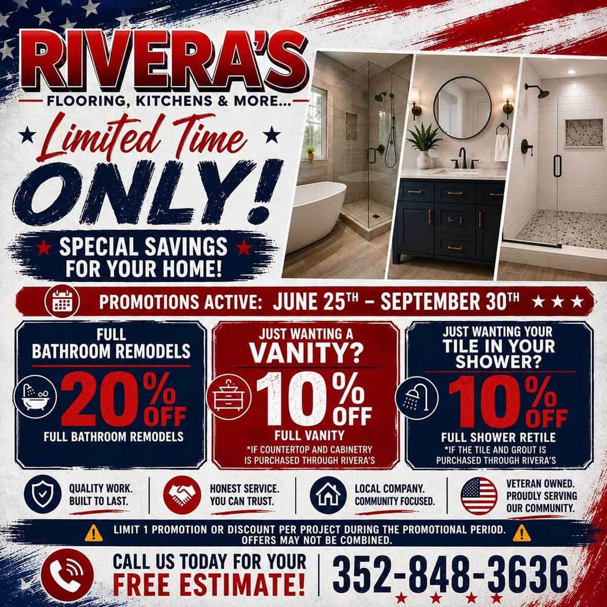2026-Fall-Promotion Promotional flyer for Rivera’s Flooring, Kitchens & More, offering limited-time discounts on bathroom remodels, vanities, and tile work, with a phone number and date range for the offer, plus assurances of quality and free estimates.